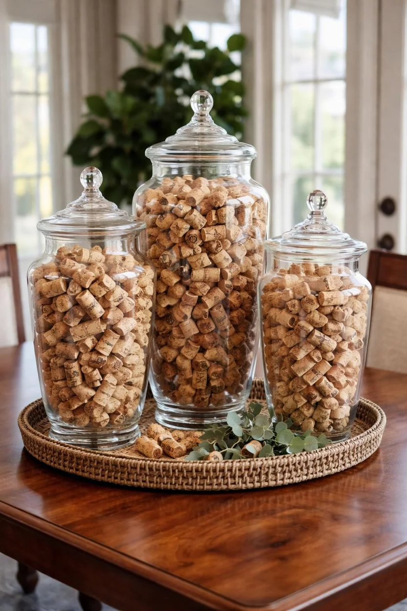 A realistic photo of a dining room table holding three glass apothecary jars of varying sizes filled to the brim with natural wine corks.