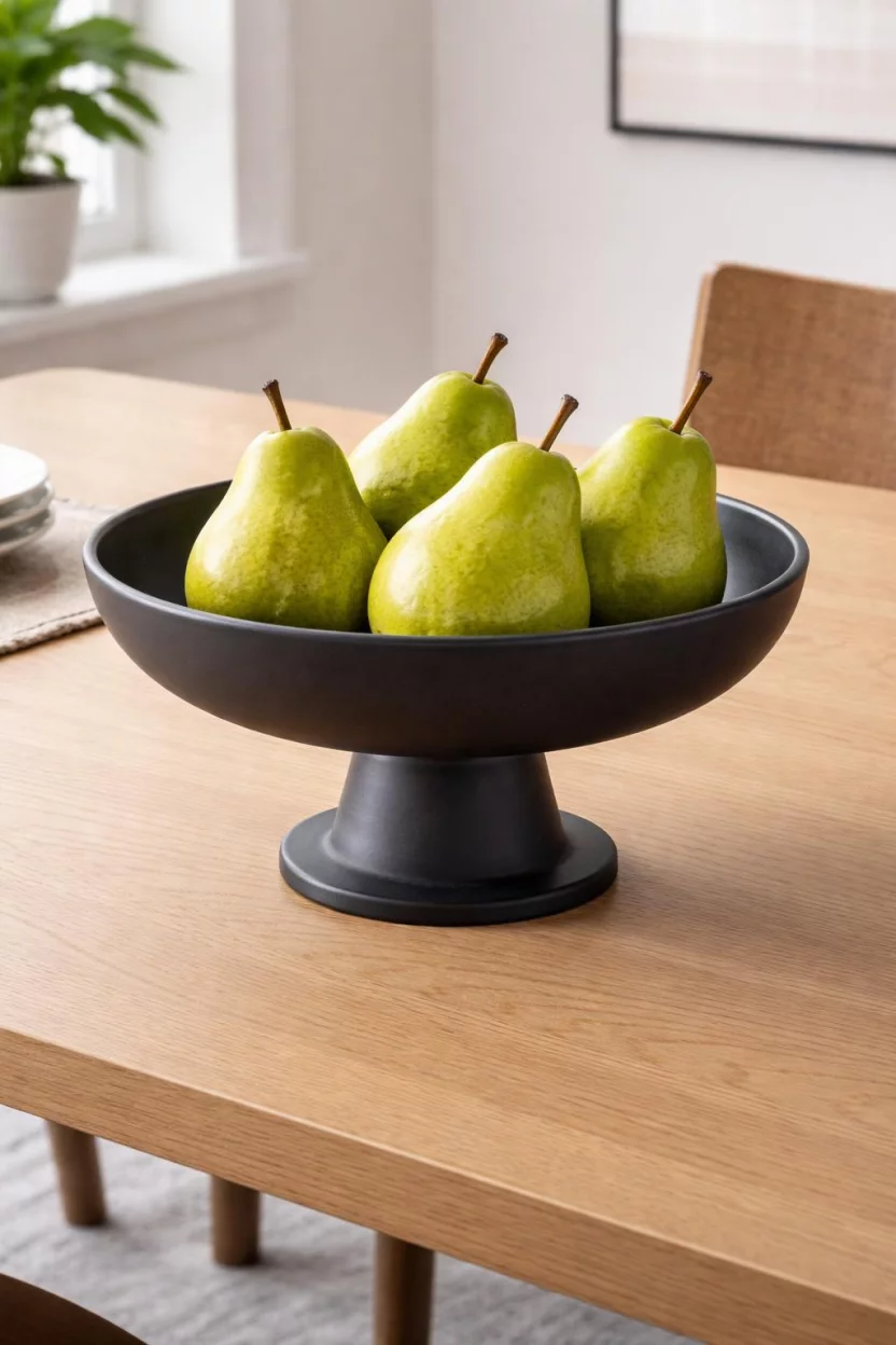 A realistic photo of a dining room table with a matte black ceramic pedestal bowl holding five green Anjou pears on a light colored wood surface.