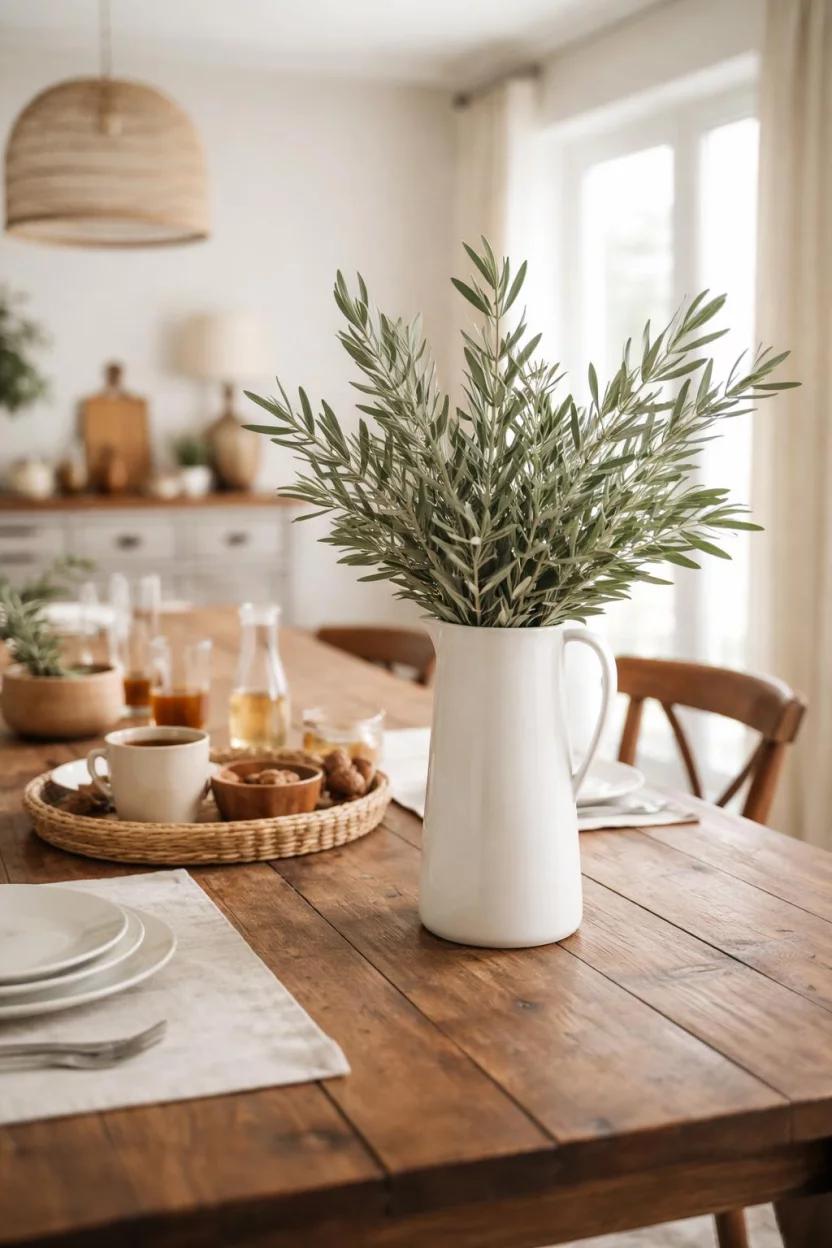 A realistic photo of a dining room table with a tall plain white ceramic pitcher filled with silvery green olive leaf branches standing on a rustic wood table.