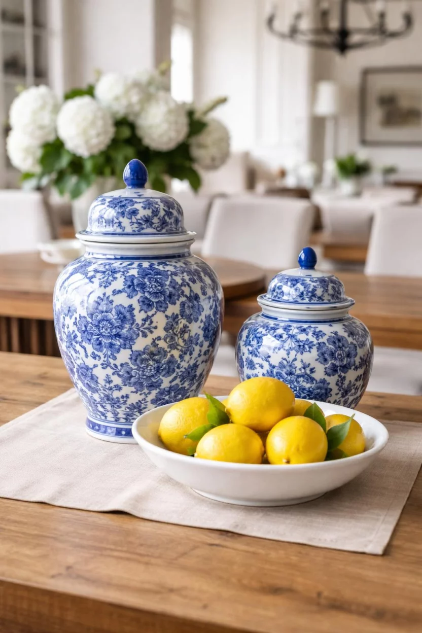 A realistic photo of a dining room table with two different sized blue and white porcelain ginger jars with intricate floral patterns sitting next to a bowl of lemons.