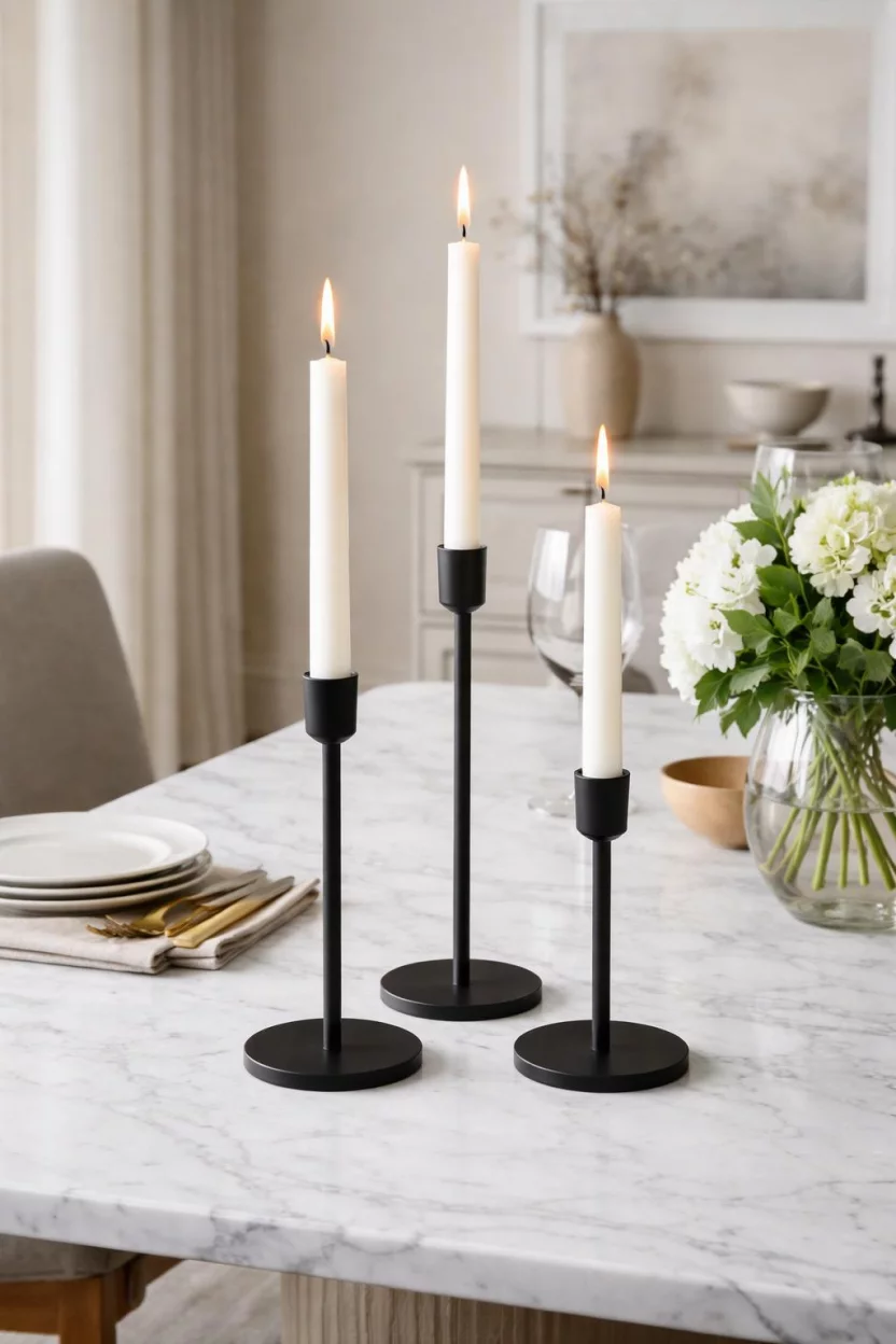 A realistic photo of a dining room table featuring a trio of matte black metal taper candle holders with tall white wax candles standing at different heights on a marble tabletop.