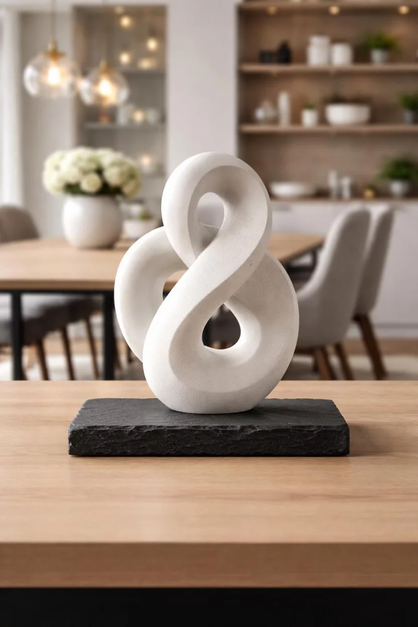 A realistic photo of a dining room table displaying a matte white abstract stone sculpture with smooth curves sitting on a black slate base.