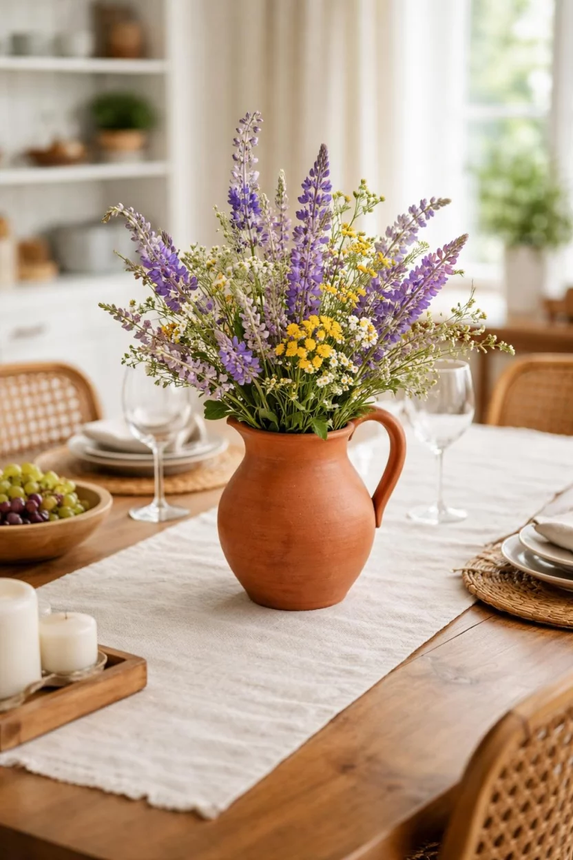 A realistic photo of a dining room table with a rustic orange terracotta clay pitcher containing an airy arrangement of purple and yellow wildflowers sitting on a linen runner.