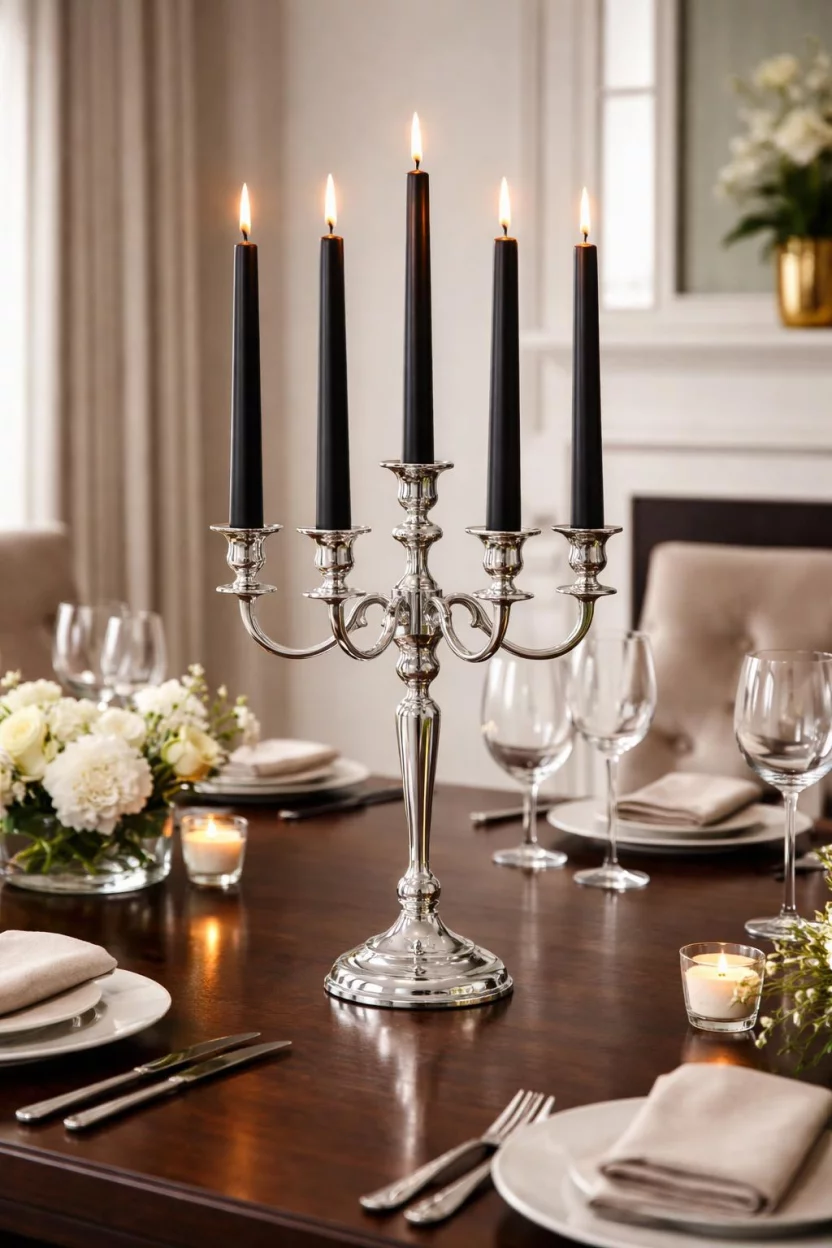 A realistic photo of a dining room table featuring a slim silver five arm candelabra with tall black taper candles on a dark mahogany table.