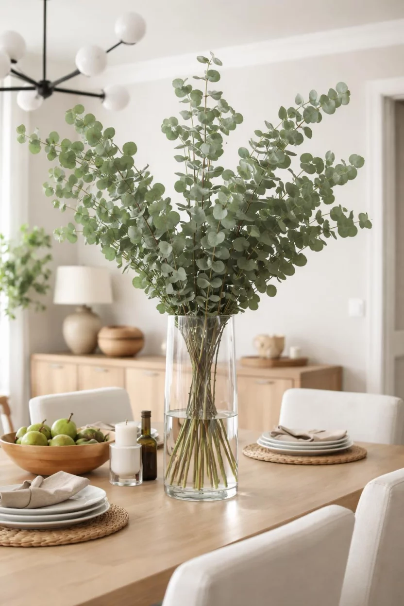 A realistic photo of a dining room table showcasing a large cylindrical clear glass vase filled with fresh green eucalyptus silver dollar branches standing nearly three feet tall.