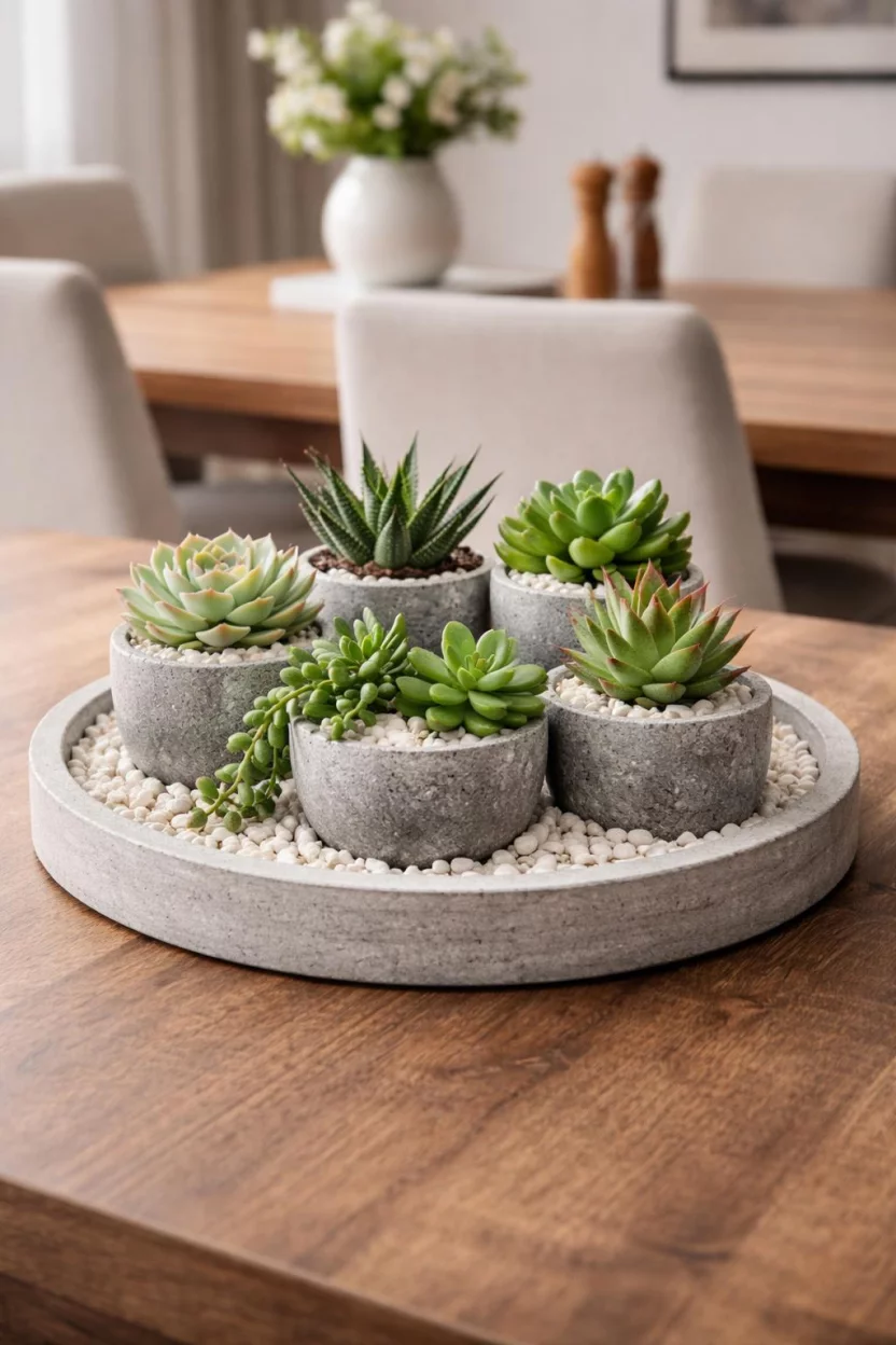 A realistic photo of a dining room table with a round grey concrete tray holding several small stone pots filled with different types of green succulents and white decorative pebbles.