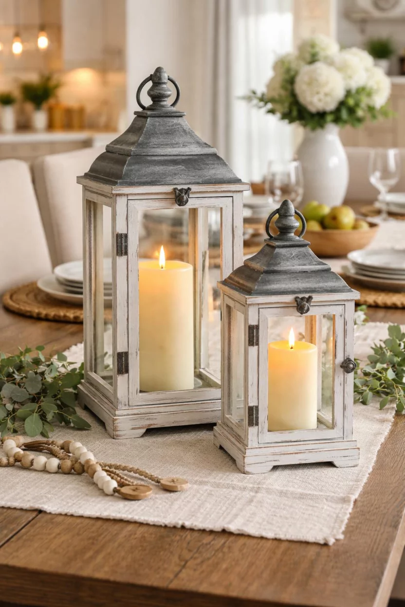 A realistic photo of a dining room table featuring two weathered white wooden lanterns of different heights containing large white flickering LED pillar candles on a farmhouse table.