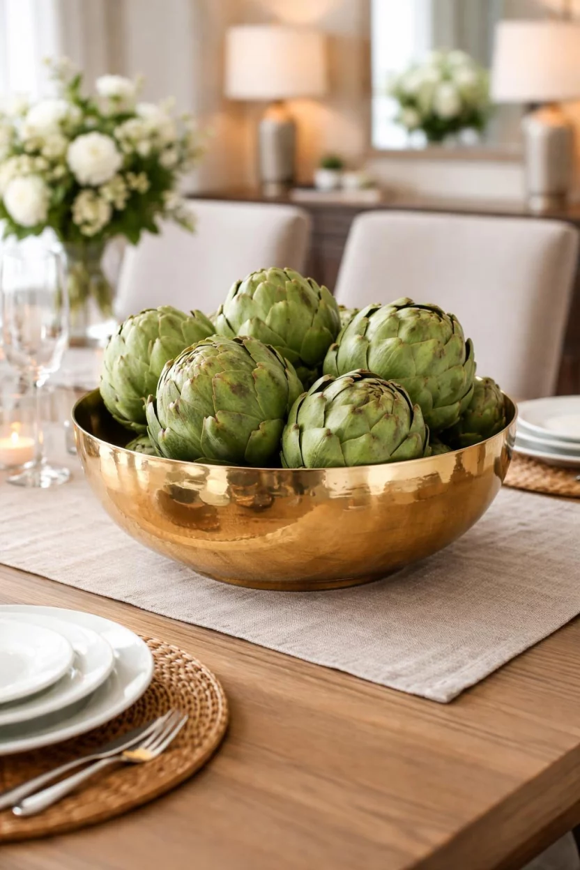 A realistic photo of a dining room table with a polished gold brass bowl filled with several large green fresh artichokes for a textured centerpiece.