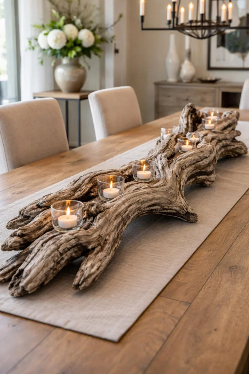 A realistic photo of a dining room table with a large single piece of gnarled grey driftwood stretching across the center with several small glass tealight holders nestled in its curves.