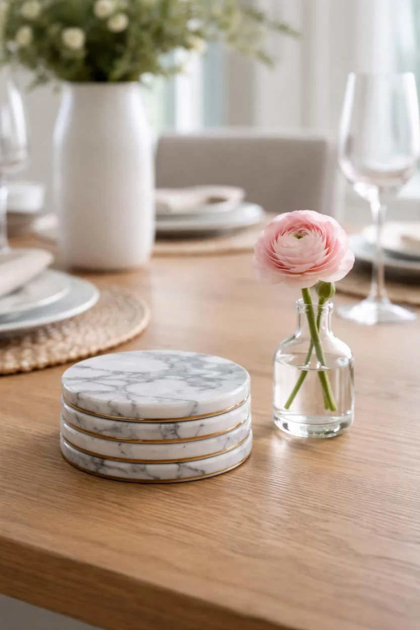 A realistic photo of a dining room table featuring a stack of four grey and white marble coasters next to a tiny clear glass bud vase with a single pink ranunculus.