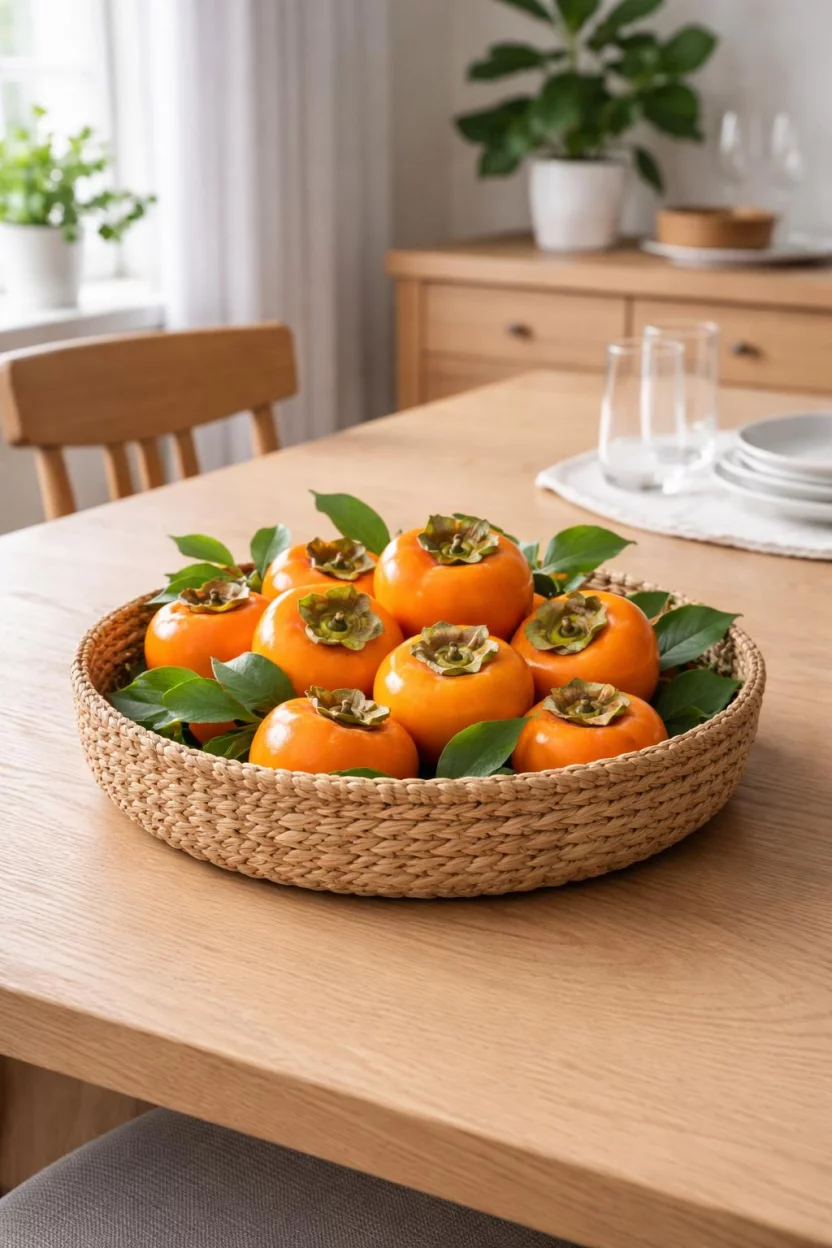 A realistic photo of a dining room table featuring a low woven seagrass basket filled with bright orange persimmons and green leaves on a light oak wood table.