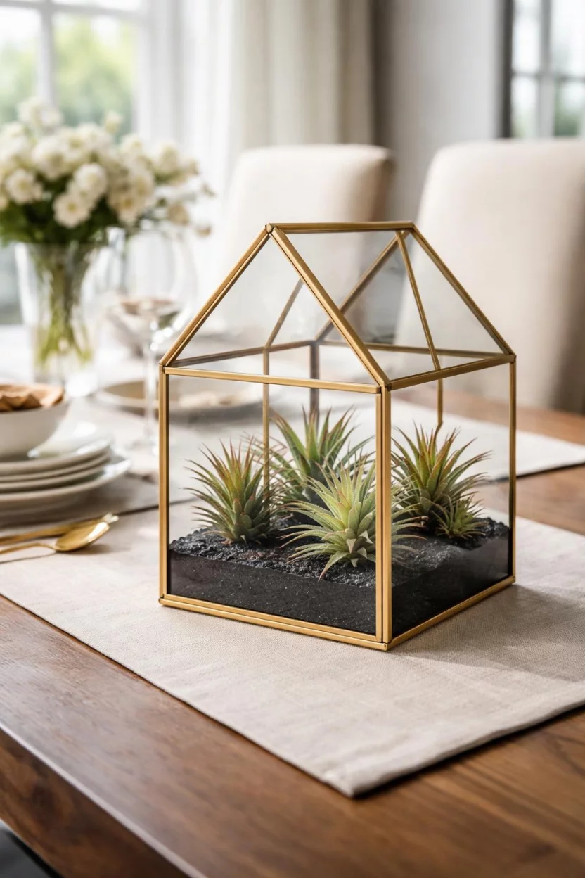 A realistic photo of a dining room table boasting a gold metal and glass geometric pyramid terrarium house containing several small spiky green air plants and black sand.