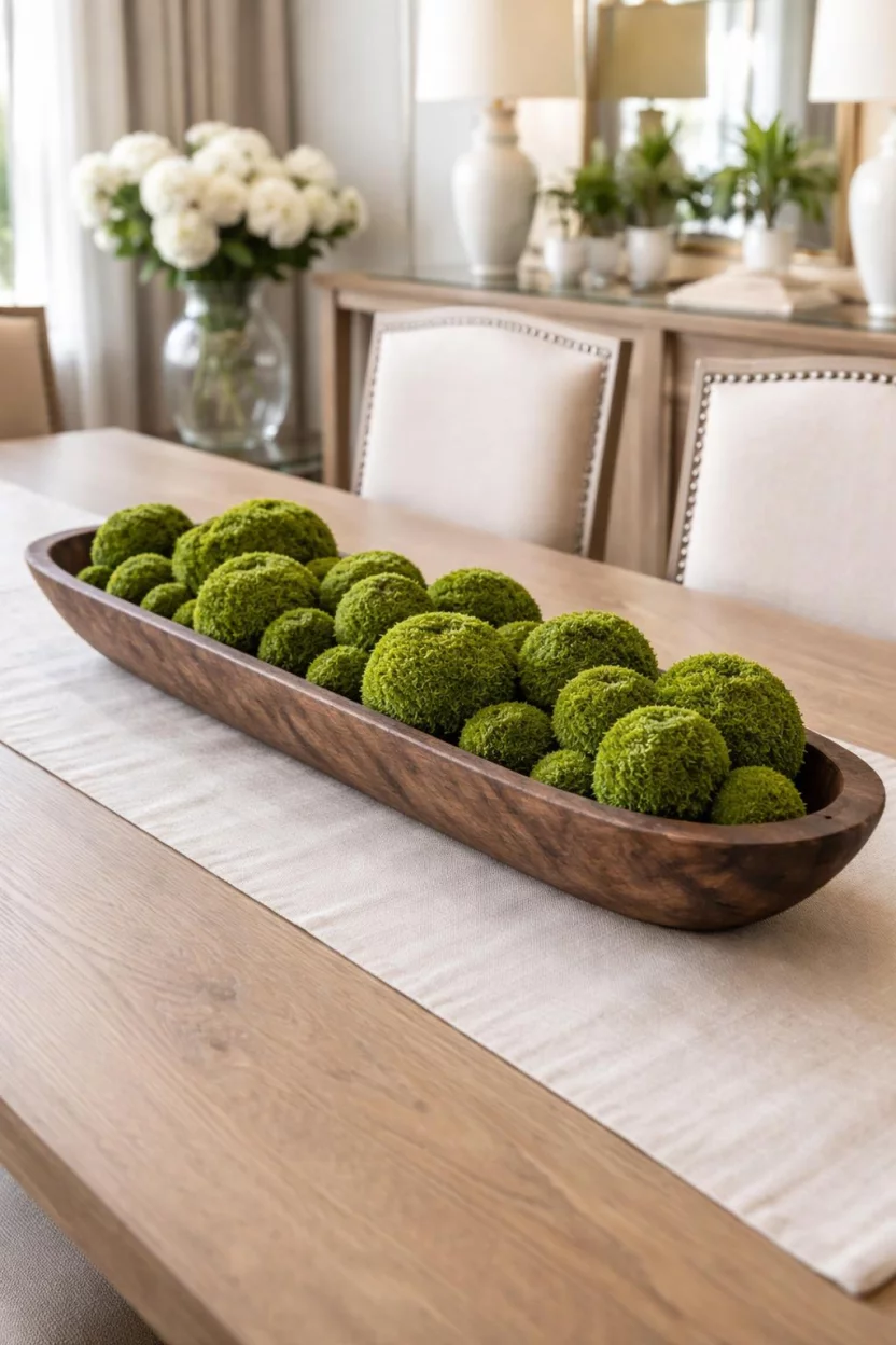 A realistic photo of a dining room table with a long hand carved dark brown wooden dough bowl filled with several vibrant green preserved moss balls of different sizes.