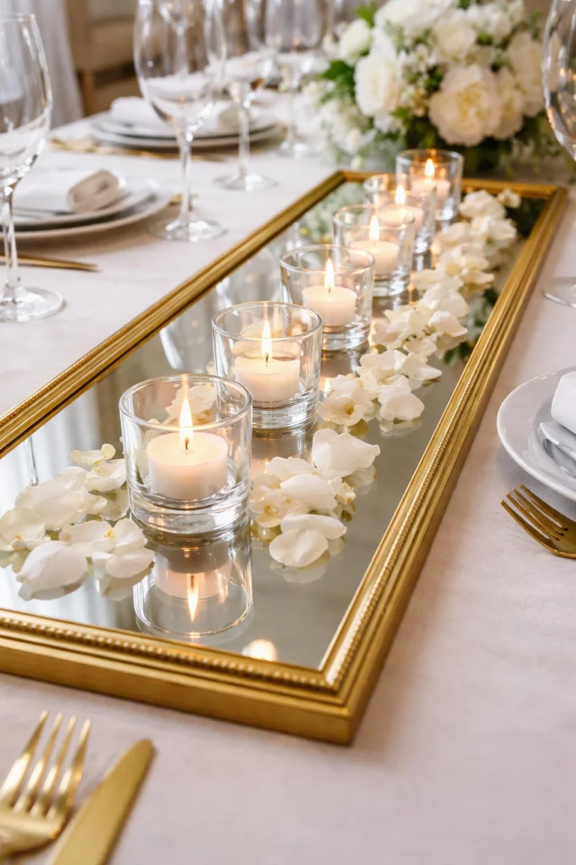 A realistic photo of a dining room table with a long rectangular gold framed mirror laying flat as a base for several clear glass votive candles and small white flower petals.