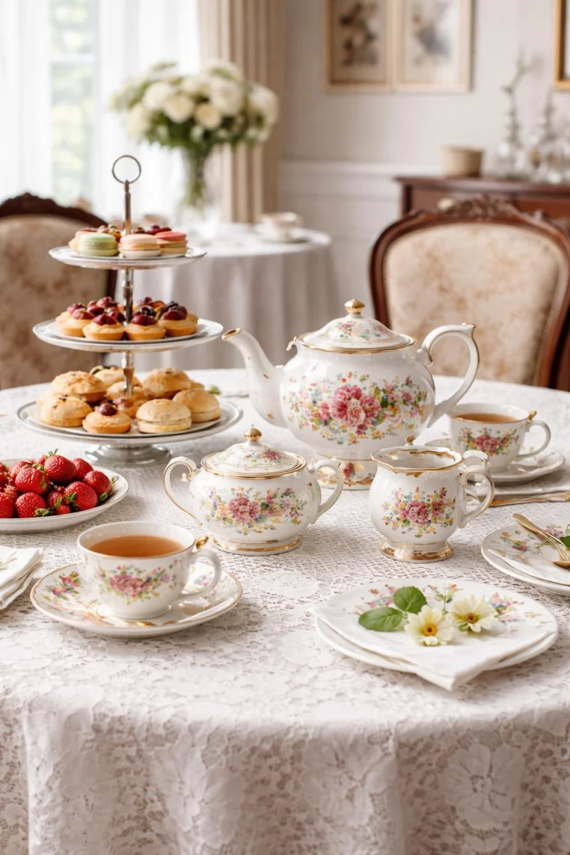 A realistic photo of a dining room table covered in a white lace tablecloth with a vintage floral patterned porcelain tea set, including a teapot, sugar bowl, and cream pitcher, plus a silver three tier dessert stand.