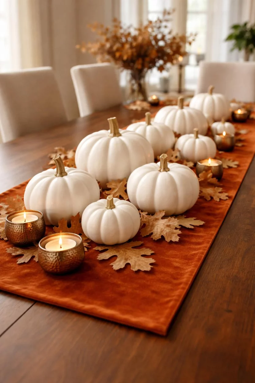 A realistic photo of a dining room table featuring a collection of matte white porcelain pumpkins of various sizes scattered along a burnt orange velvet runner with dried oak leaves and bronze tealight holders.