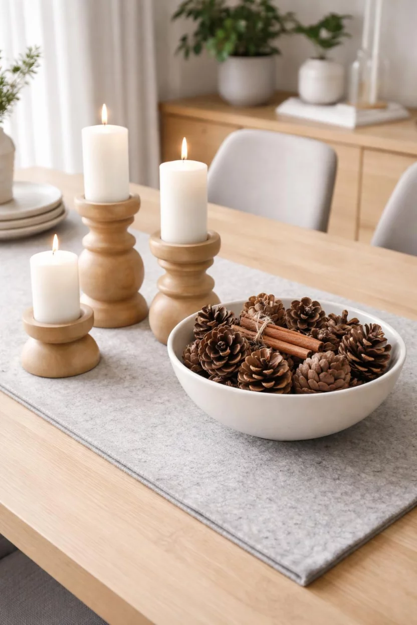 A realistic photo of a dining room table featuring a thick light gray felt runner, chunky light wood candle holders with tall white candles, and a white ceramic bowl filled with pinecones and cinnamon sticks.