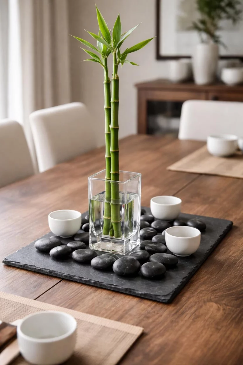A realistic photo of a dining room table with a dark slate tray holding a single tall green bamboo stalk in a clear square glass vase, surrounded by smooth black river rocks and small white ceramic tea cups.