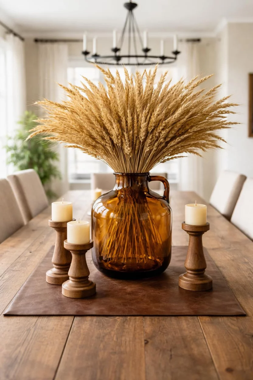 A realistic photo of a dining room table featuring a large amber glass jug holding a massive bunch of dried golden wheat stalks, resting on a brown leather runner with wooden candle sticks.
