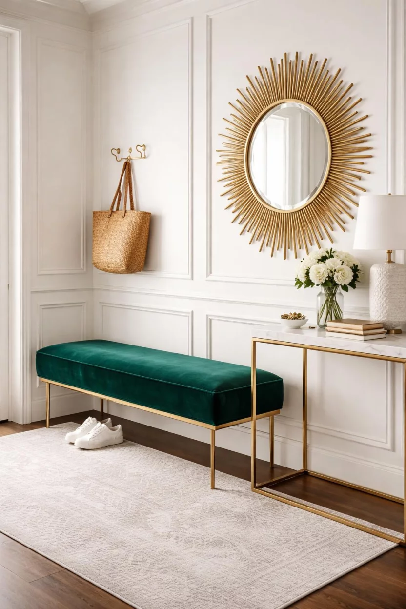 A realistic photo of an entryway with a deep emerald green velvet bench featuring slender gold metal legs, a marble topped console table nearby, a gold sunburst mirror, and white wainscoting on the walls.