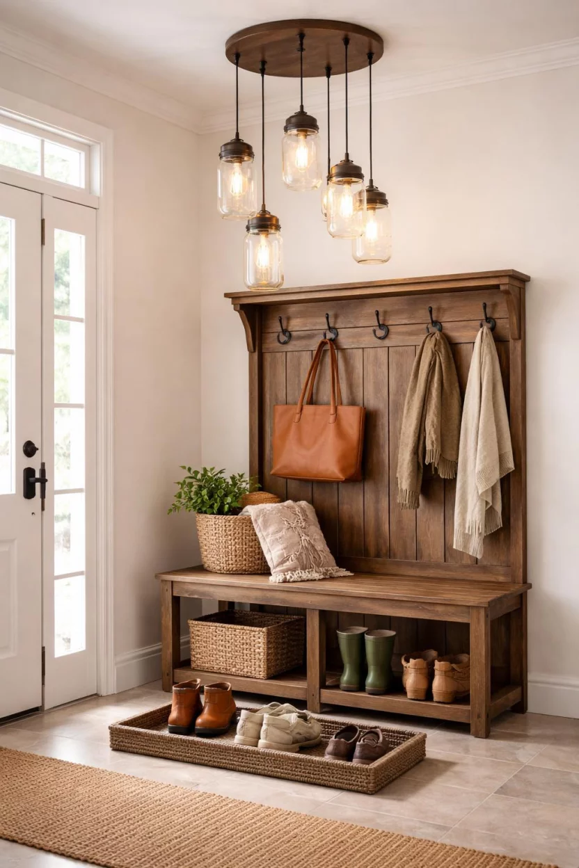 A realistic photo of an entryway with a cluster of five mason jar pendant lights of varying sizes, hanging from a dark wood base, over a rustic hall tree and a woven boot tray.