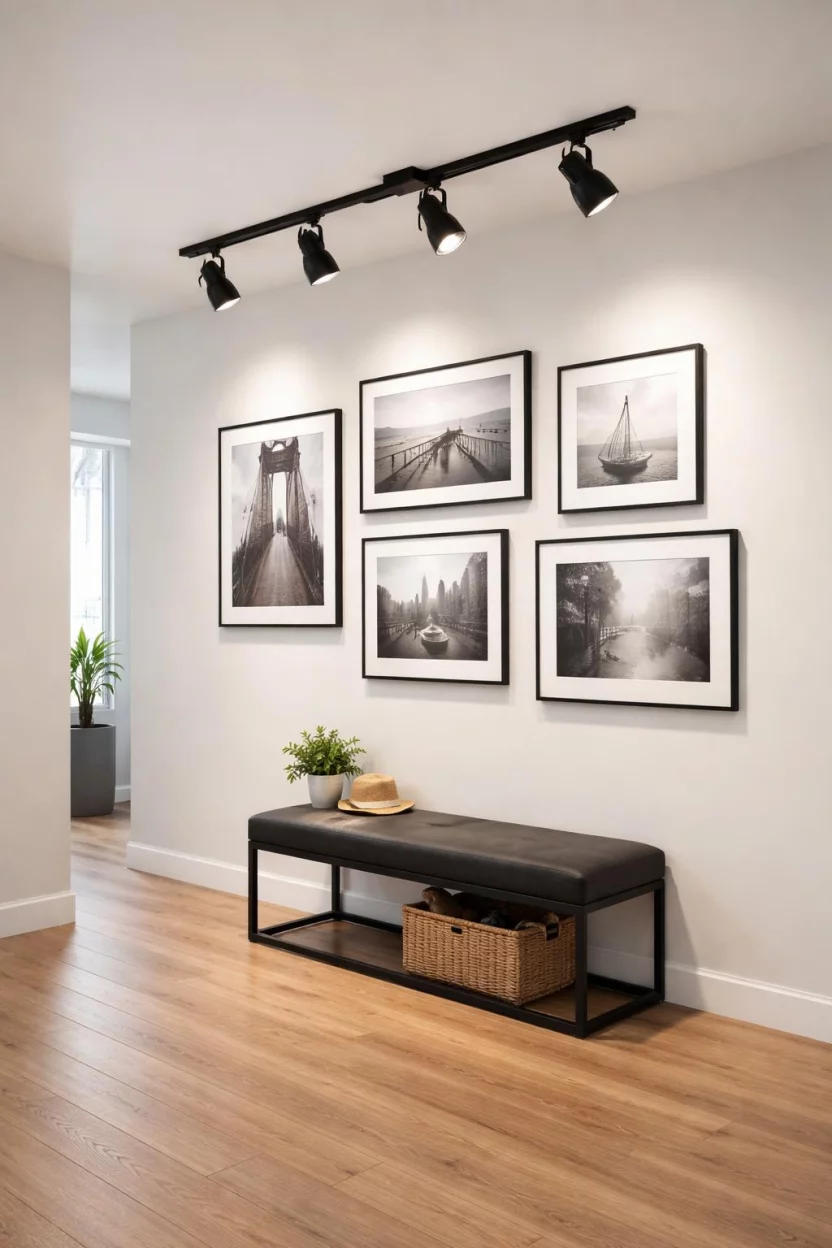 A realistic photo of an entryway with a black multi-head track lighting system, focusing spotlights on framed photographs on a white wall, with a sleek wooden floor and a small black bench.