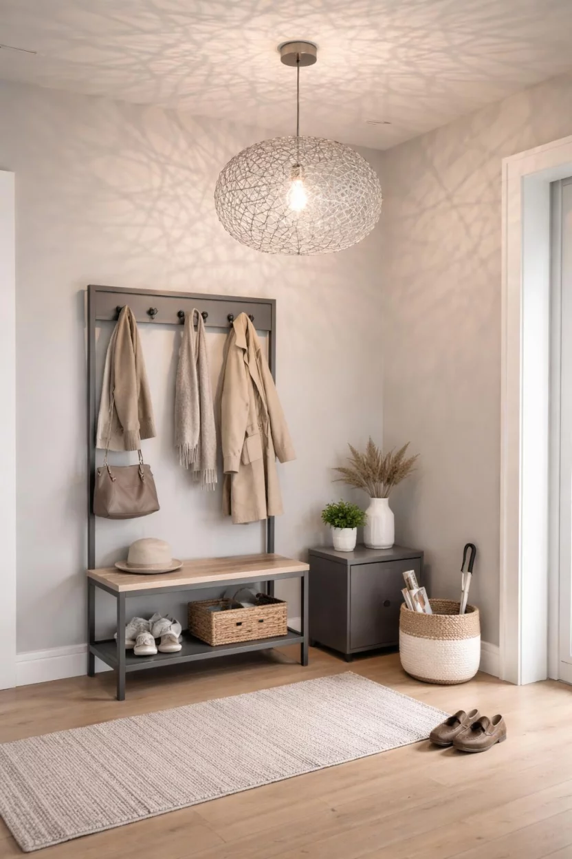 A realistic photo of an entryway featuring an abstract silver wire nest pendant light, casting web-like shadows on the walls, with a modern gray entryway coat rack and light wood flooring.