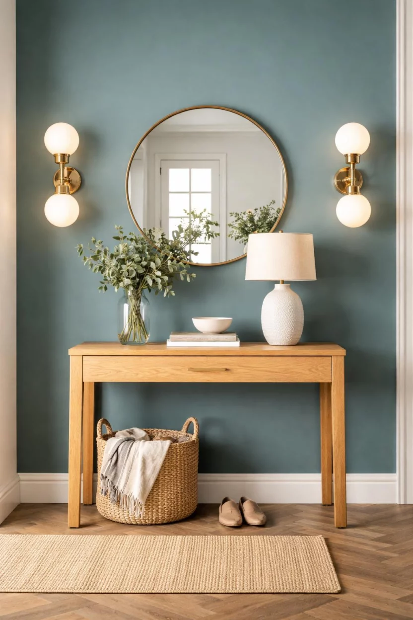 A realistic photo of an entryway highlighting a pair of double-globe glass and brass wall sconces, mounted on either side of an oak wood entry table, with a teal wall accent.