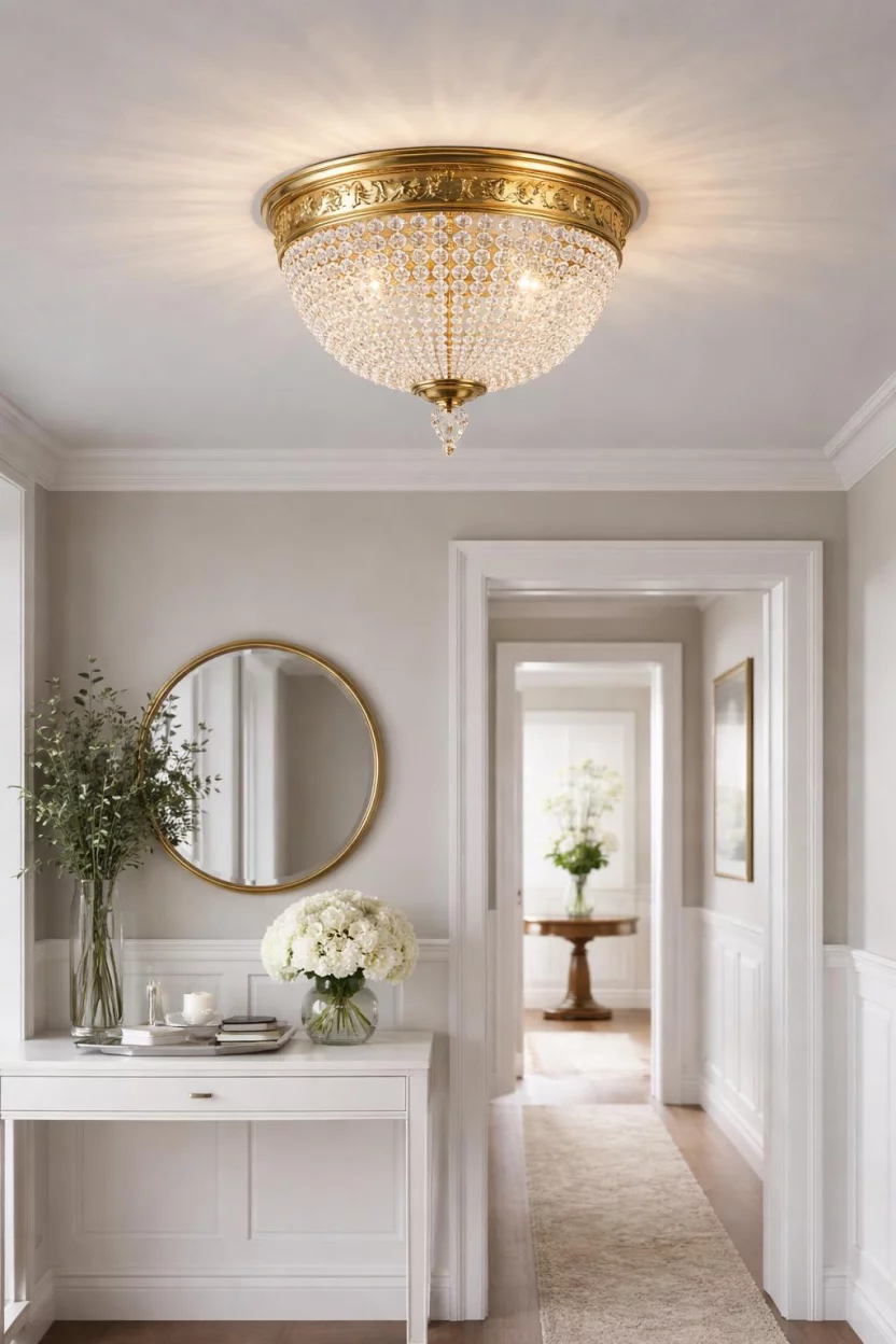 A realistic photo of an entryway with a crystal basket semi-flush mount light, featuring gold trim, mounted on a soft gray ceiling above a white console table with a silver tray.
