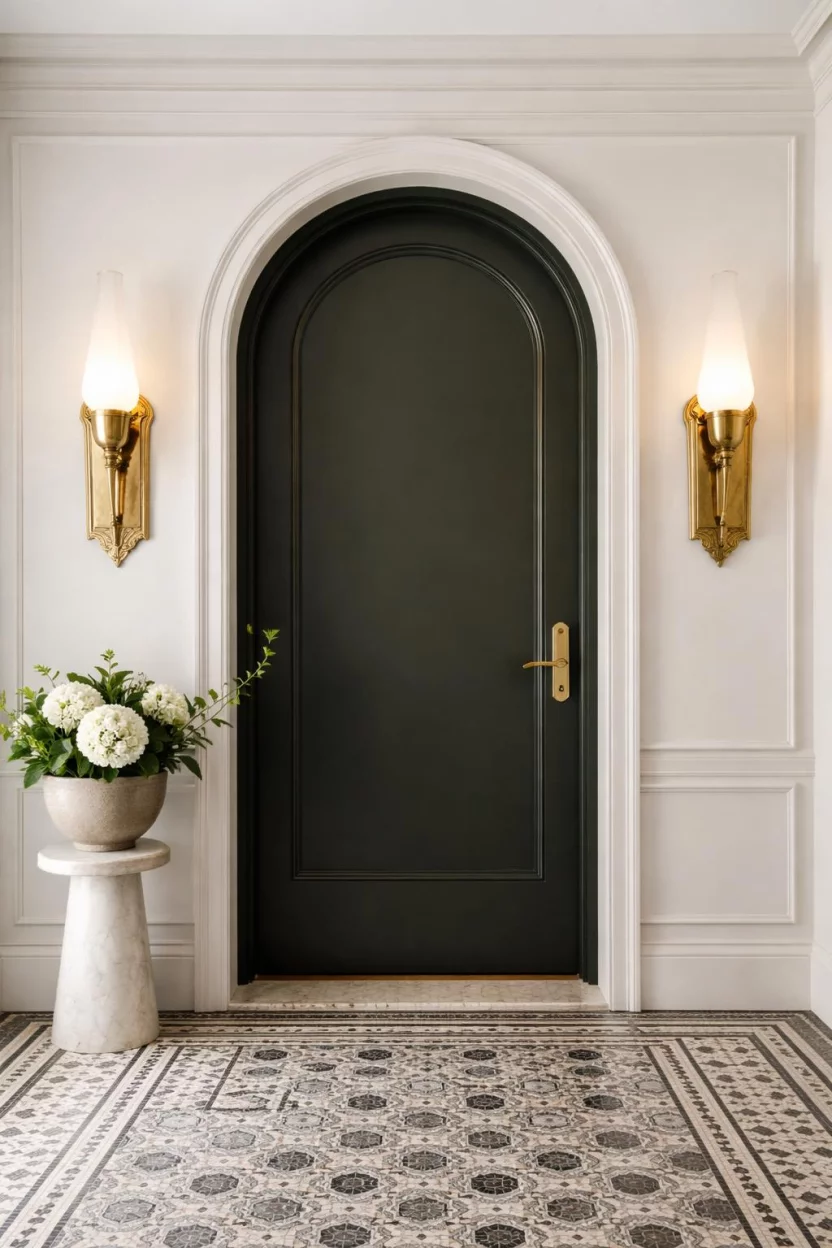 A realistic photo of an entryway featuring a pair of burnished brass art deco wall sconces with frosted glass shades, flanking a dark green arched doorway, with a patterned tile floor and a small marble pedestal.