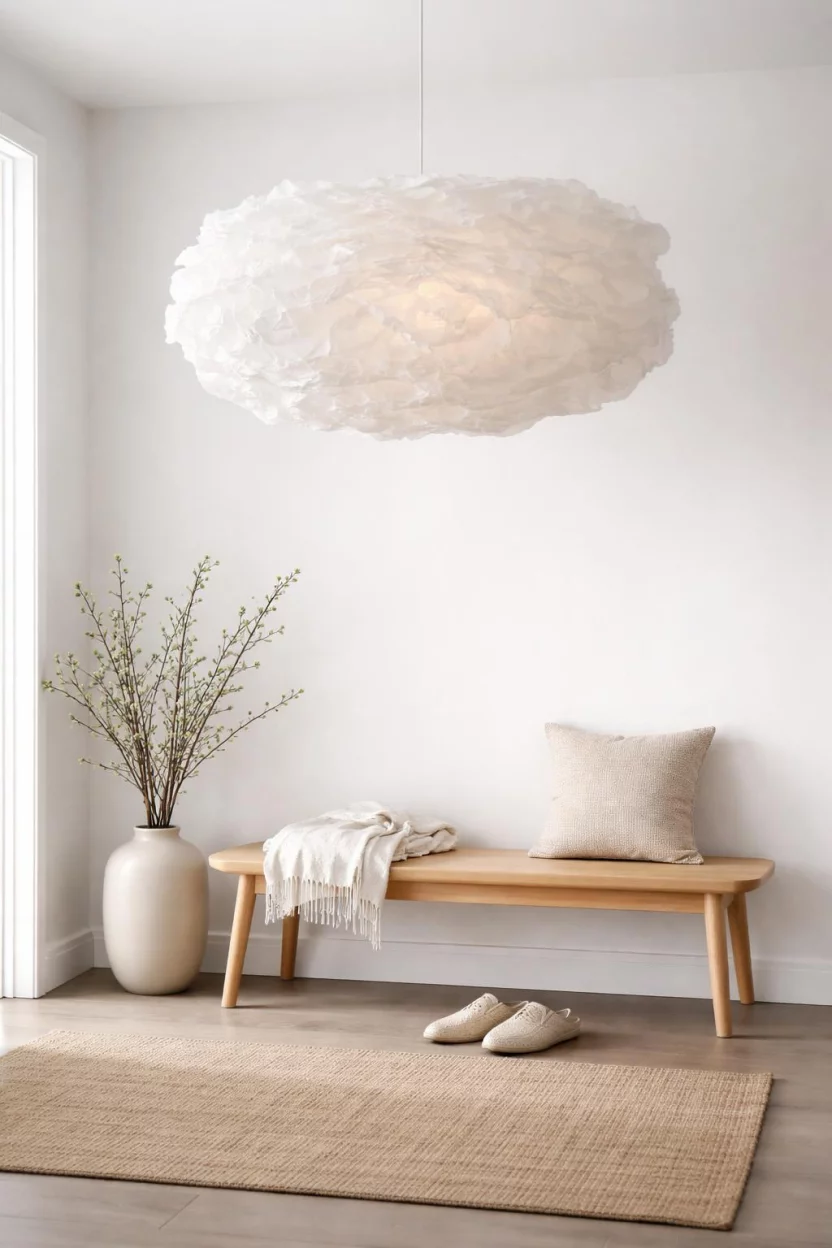 A realistic photo of an entryway with a large white sculptural paper pendant light, resembling a textured cloud, hanging over a light wood bench, with soft white walls and a minimalist ceramic vase.