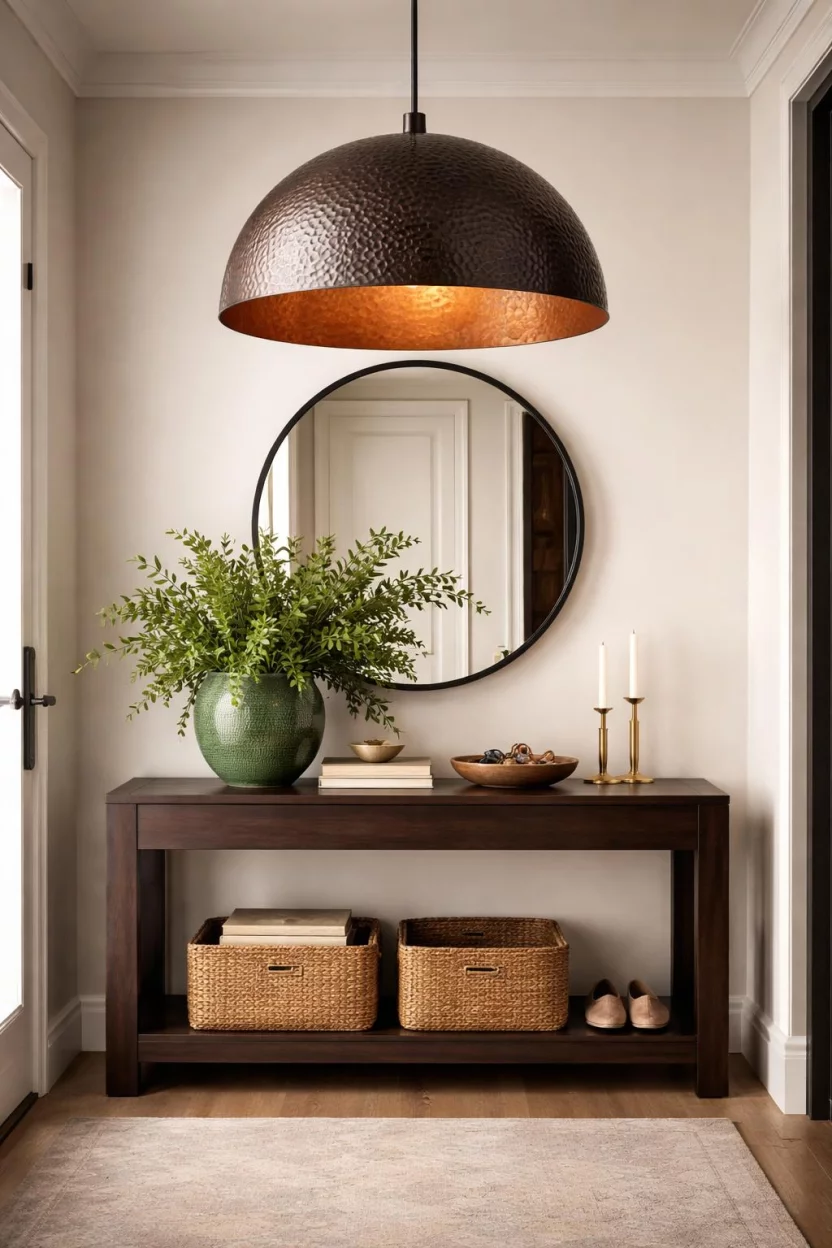 A realistic photo of an entryway with a large hammered copper dome pendant, showing a warm orange glow inside, hanging over a dark wood console table with a green ceramic pot.