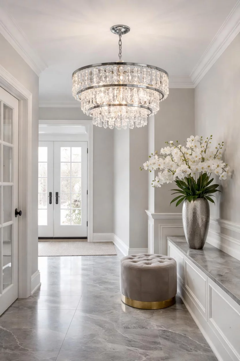 A realistic photo of an entryway with a tiered crystal drum pendant light, featuring a polished chrome outer frame, hanging above a gray marble tile floor, with a velvet upholstered stool and a tall silver vase filled with white orchids.