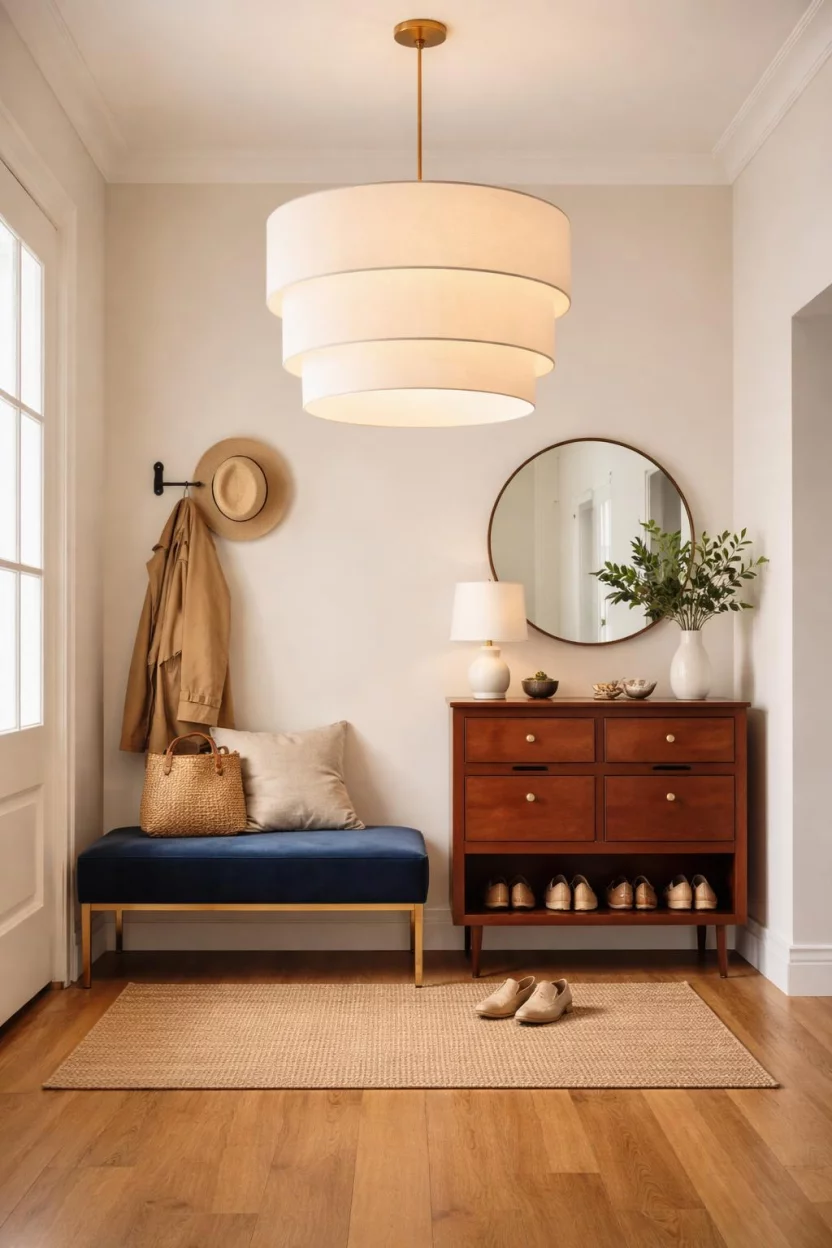 A realistic photo of an entryway featuring a large white tiered fabric drum pendant light, hanging above a dark blue velvet bench and a mahogany shoe cabinet on a wood floor.