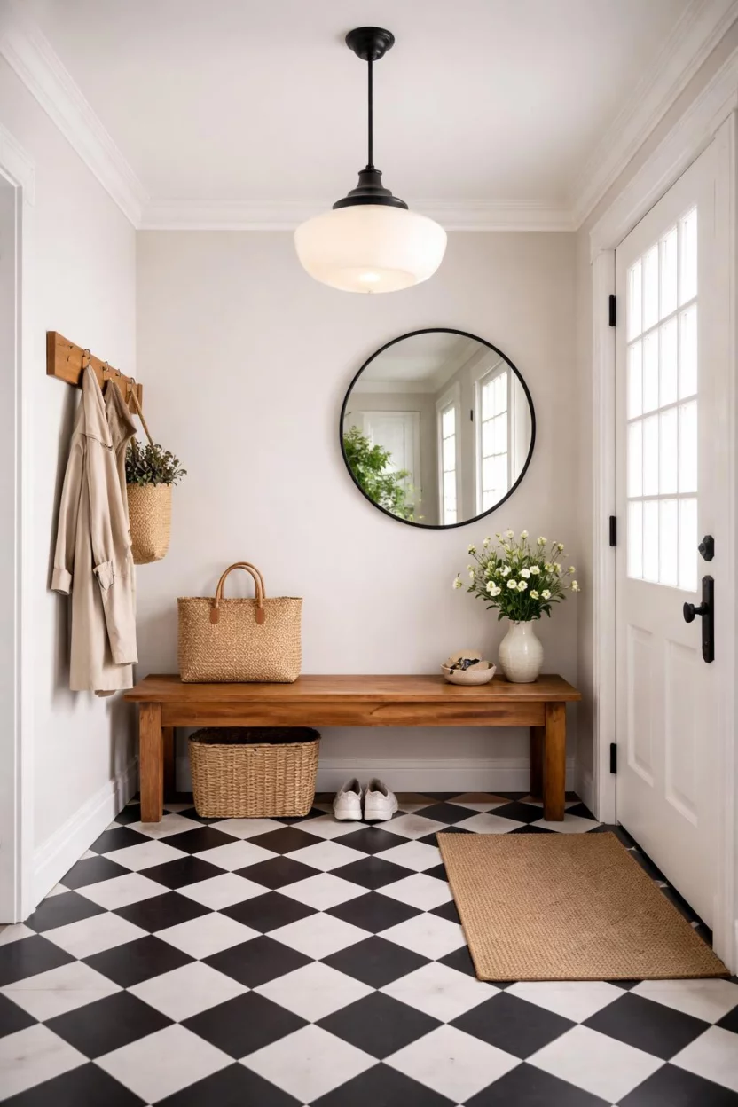 A realistic photo of an entryway with a milk glass schoolhouse pendant featuring a black metal stem, hanging over a classic black and white checkered tile floor with a wood entryway bench.