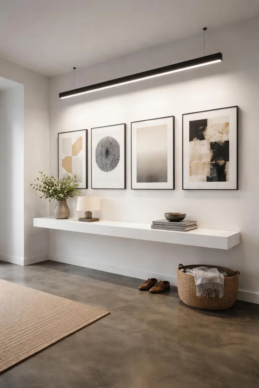 A realistic photo of an entryway with a sleek black linear LED light bar suspended horizontally, illuminating a contemporary art gallery wall, with polished concrete floors and a minimalist white floating shelf.
