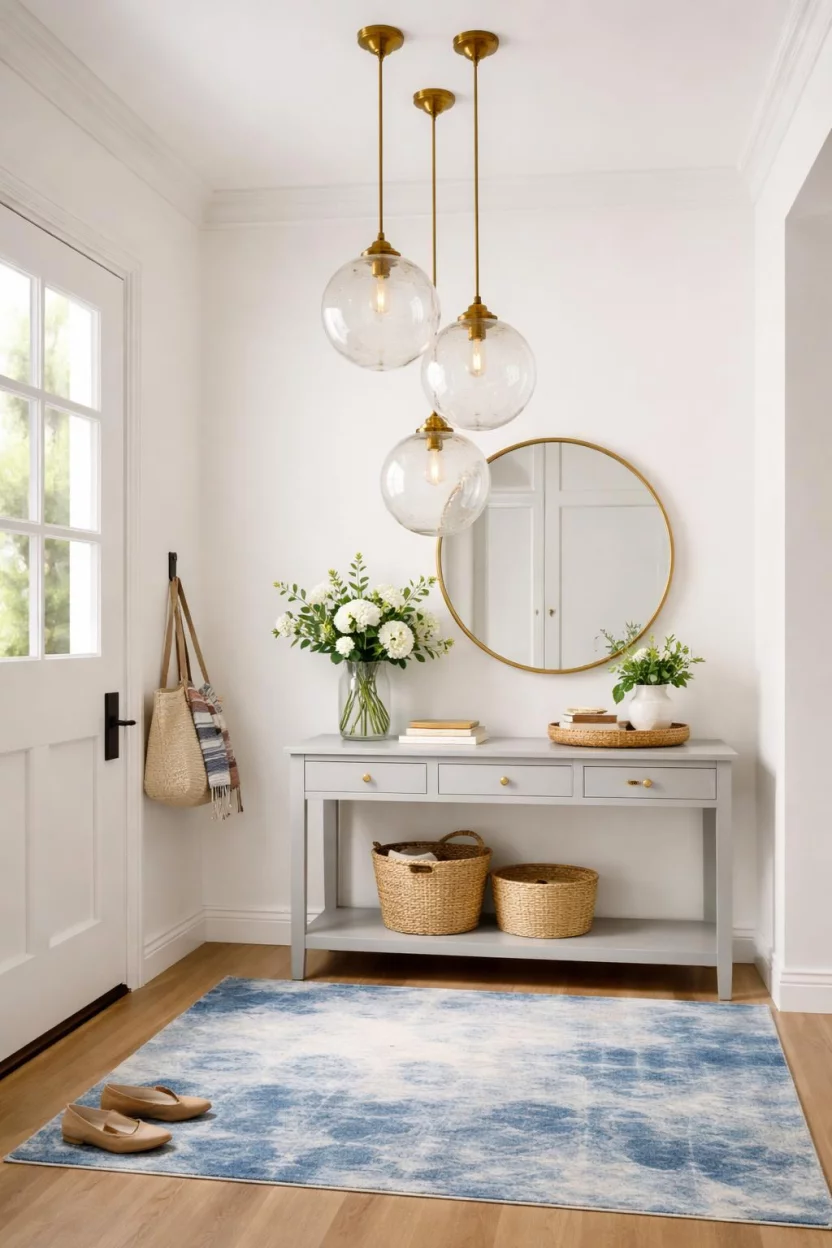 A realistic photo of an entryway featuring a cluster of three bubbled glass globe pendants with brass hardware, hanging at different heights, with a light gray console table and a blue watercolor rug.