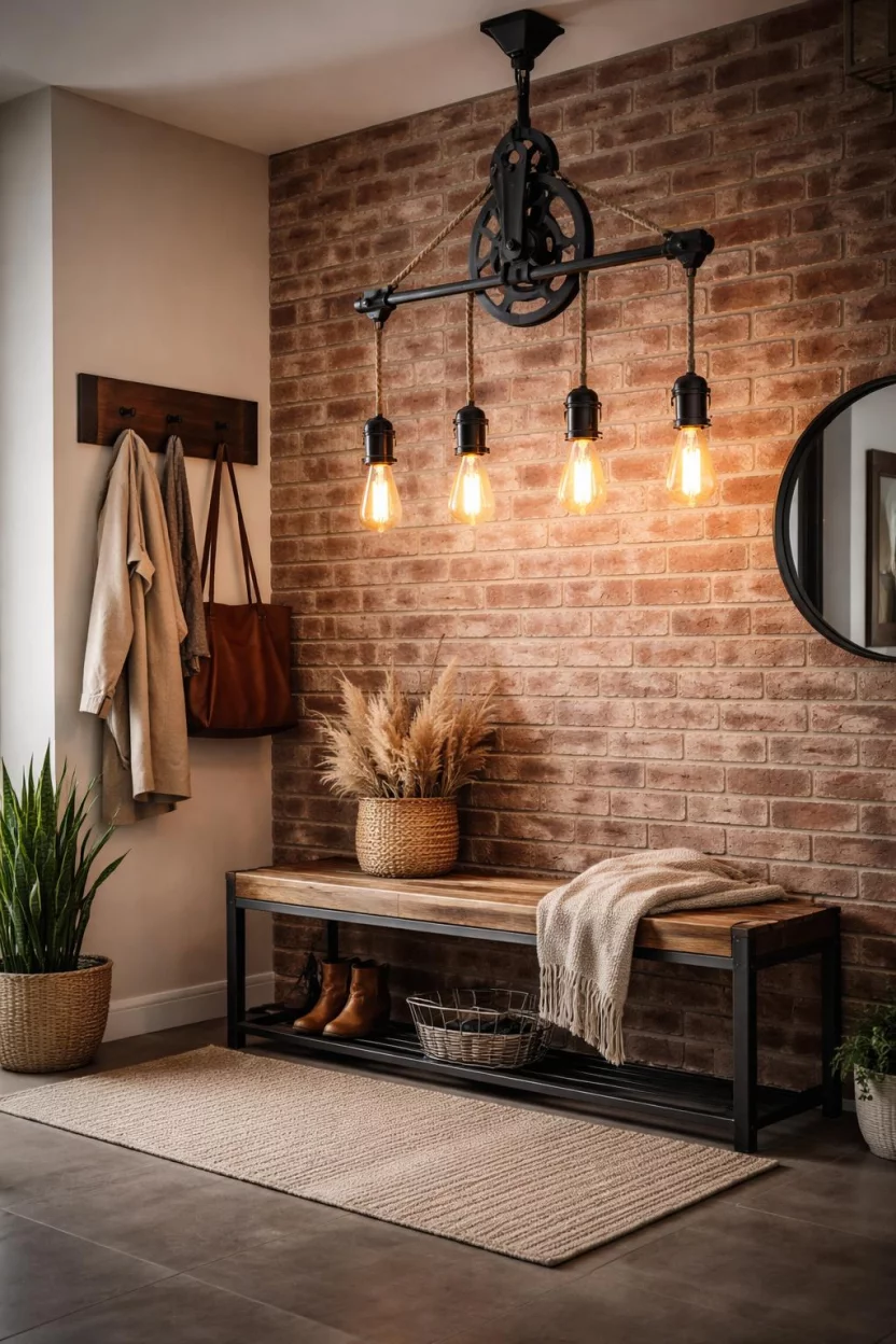 A realistic photo of an entryway featuring an industrial pulley light fixture with Edison bulbs and black iron hardware, hanging over a reclaimed wood bench, with exposed red brick walls and a black metal coat rack.