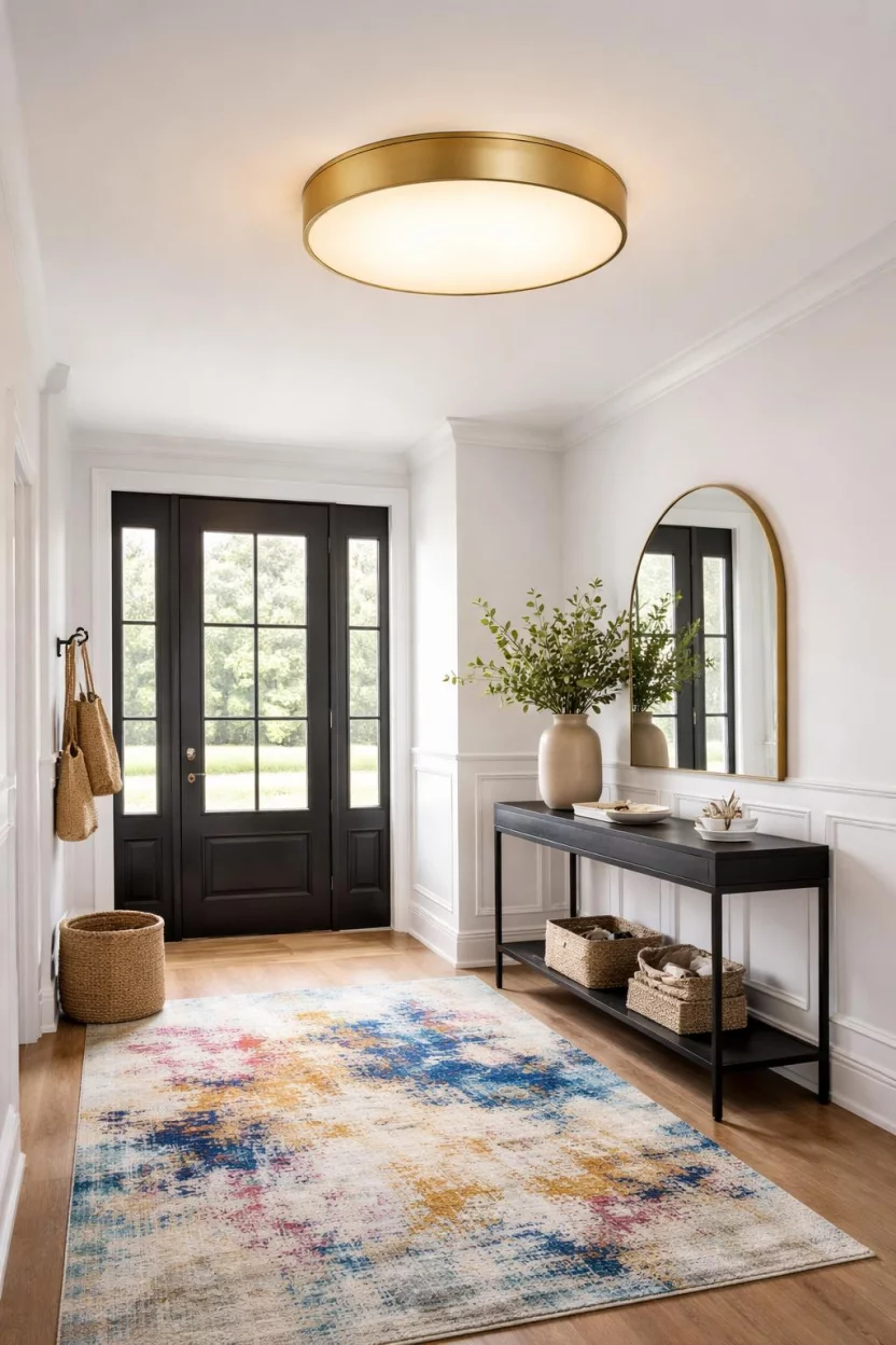 A realistic photo of an entryway with a large gold circular flush mount light fixture, featuring a frosted glass diffuser, mounted on a white ceiling above a colorful abstract rug and a sleek black entry table.