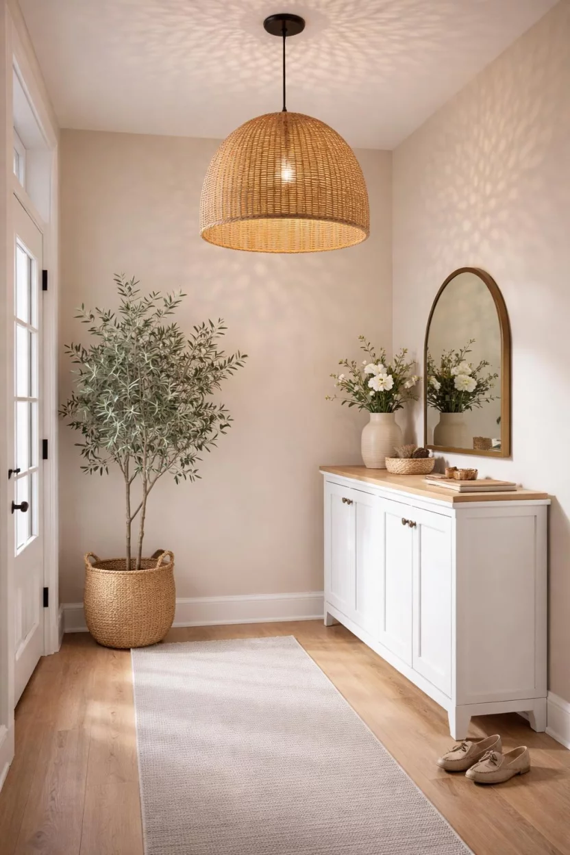 A realistic photo of an entryway displaying a large tan woven rattan basket pendant light, creating textured shadows on soft beige walls, with a white entryway cabinet, a large potted olive tree, and a light gray runner rug.