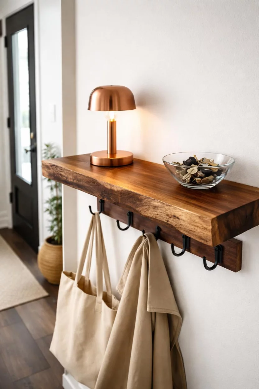 A realistic photo of an entryway featuring a thick live edge walnut shelf mounted on a white wall, holding a small copper lamp and a glass bowl filled with house keys.