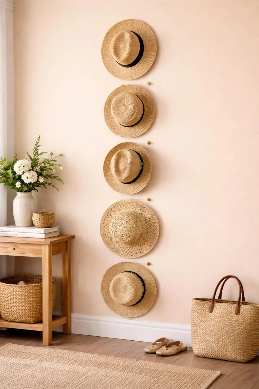 A realistic photo of an entryway wall decorated with five different woven straw hats hung vertically in a straight line on simple brass pegs against a soft peach wall.