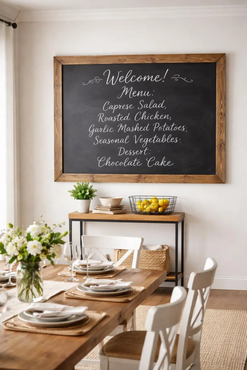 A realistic photo of a dining room with a large black chalkboard in a chunky wooden frame mounted on the wall, hand written script on the board, and a small wooden table with a wire basket.