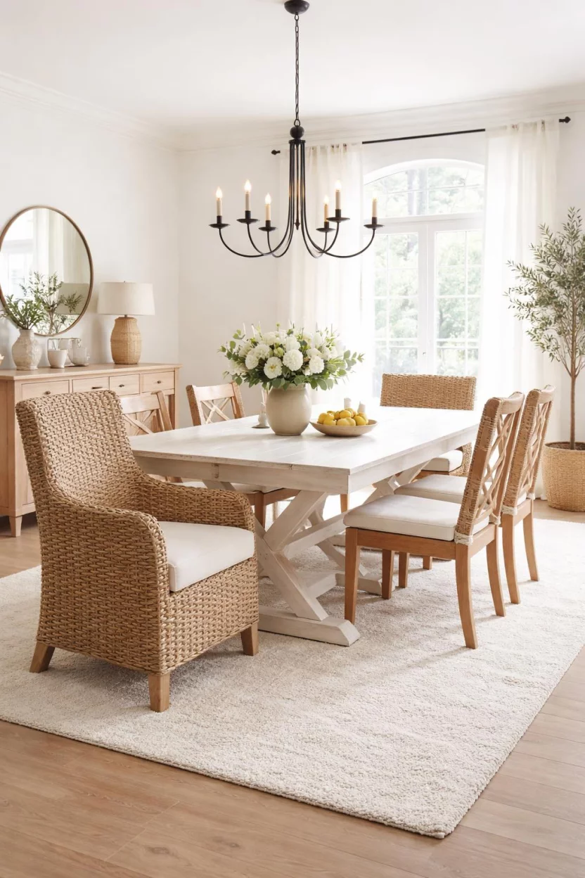 A realistic photo of a dining room with two large woven seagrass armchairs at the ends of a white washed table, a soft cream rug, and a simple black metal chandelier.