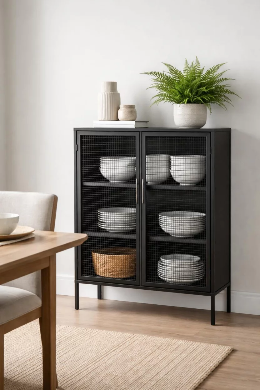 A realistic photo of a dining room with a black wire storage cabinet against a light gray wall, white ceramic bowls stacked inside, and a small potted Fern on top.