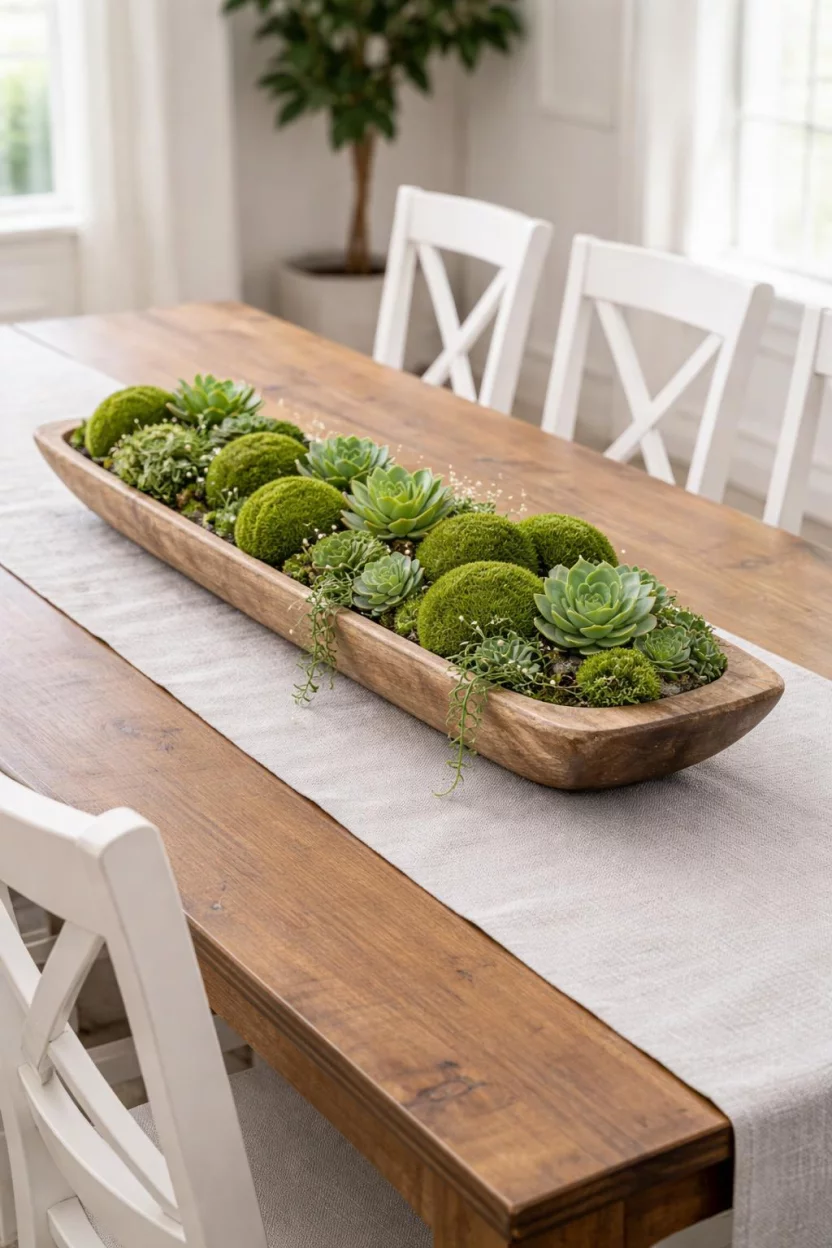 A realistic photo of a dining room table with a single long wood dough bowl filled with moss balls and succulents, a gray linen runner, and white wooden chairs surrounding the table.