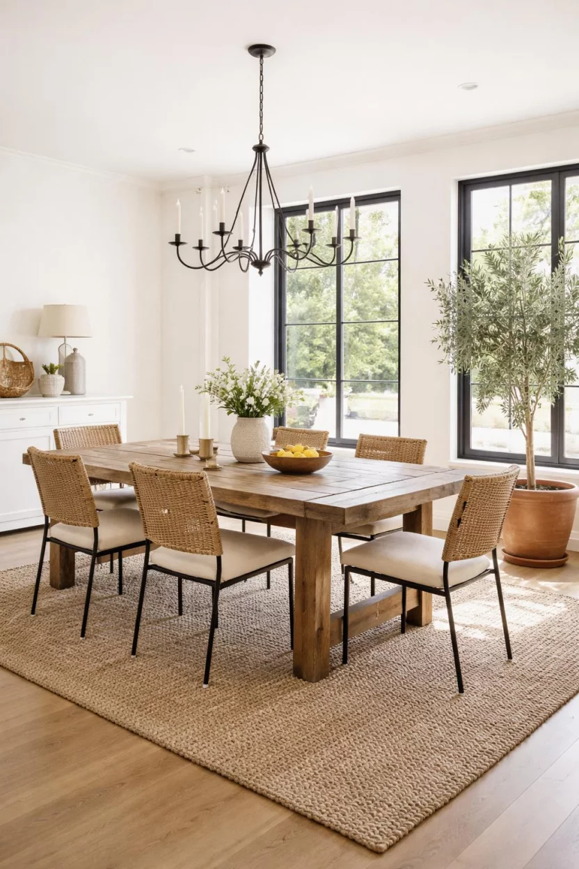 A realistic photo of a dining room with a large chunky jute rug under a farm table, white walls, black framed windows, and a tall olive tree in a terracotta pot in the corner of the sunlit room.