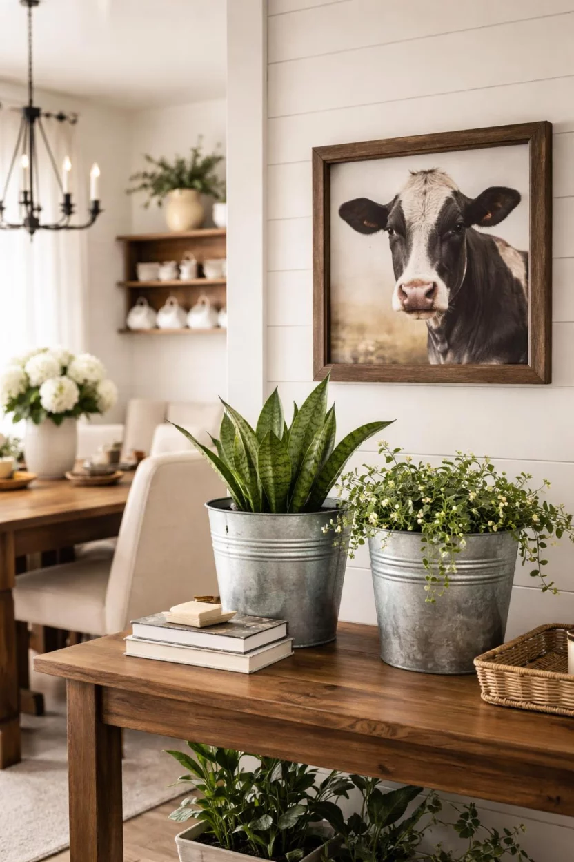 A realistic photo of a dining room with a pair of galvanized metal buckets used as planters on a side table, a rustic wood shelf with white ceramic mugs, and a cow portrait in a wooden frame.