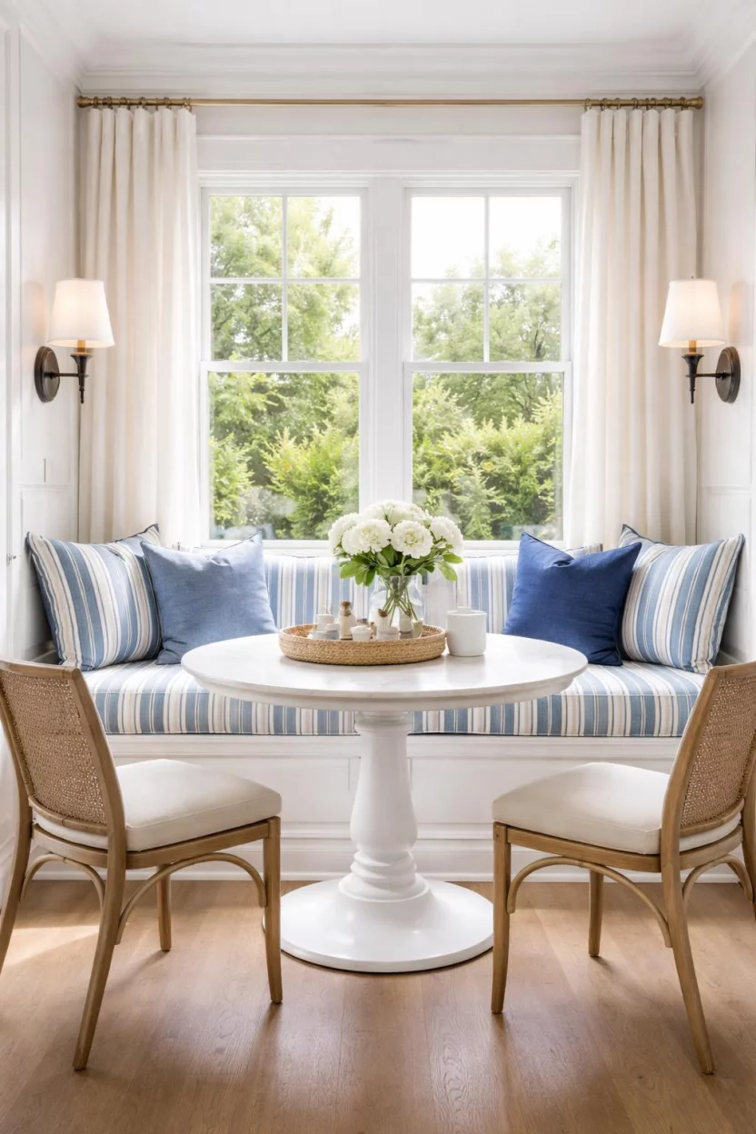 A realistic photo of a dining room with a white built in window seat featuring striped blue and white cushions, a small round pedestal table, and black metal sconces mounted on the wall.