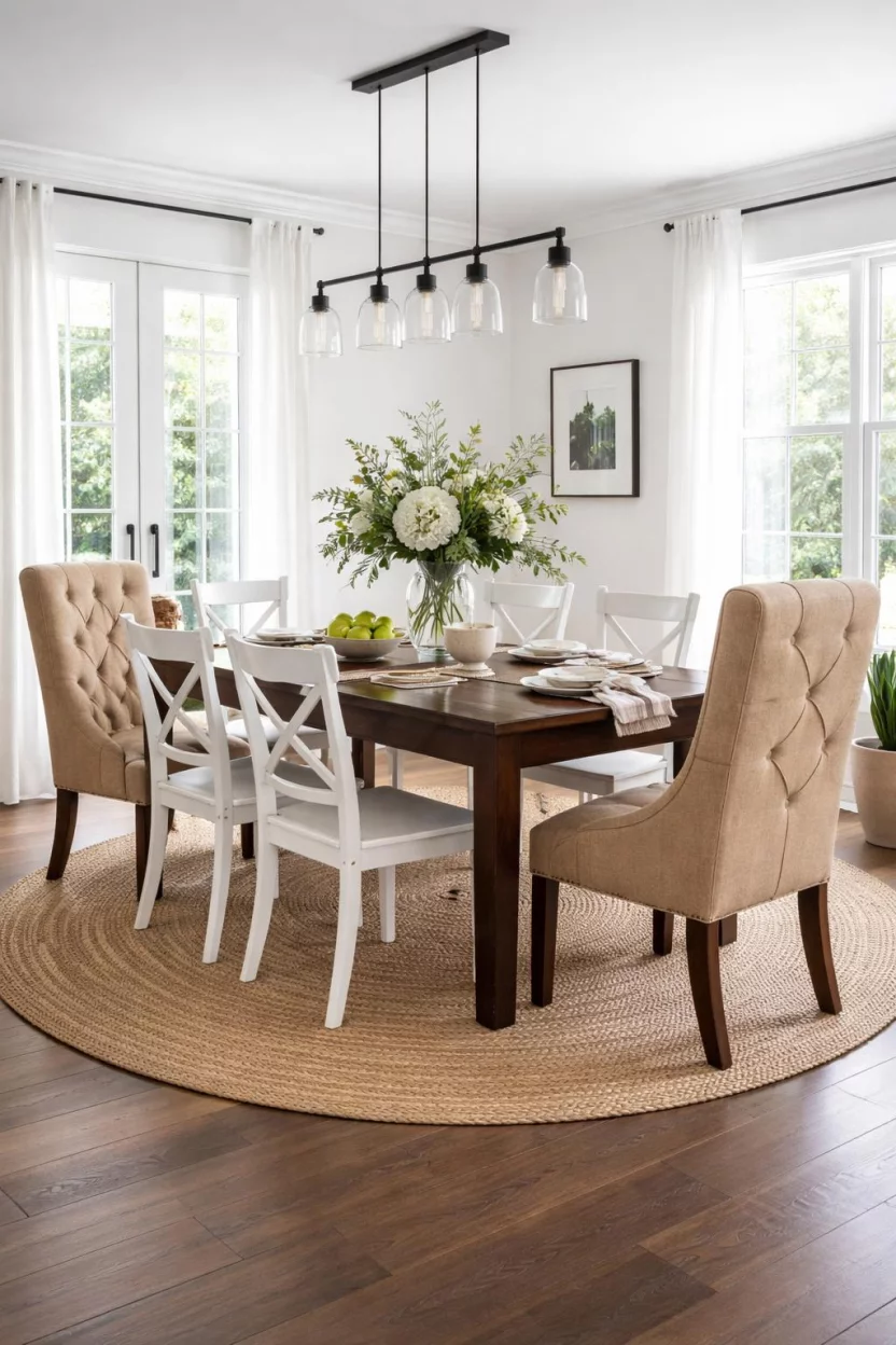 A realistic photo of a dining room with two upholstered tan linen captain chairs at the ends of the table, four white crossback wooden chairs on the sides, and a round jute rug underneath the dark wood table.